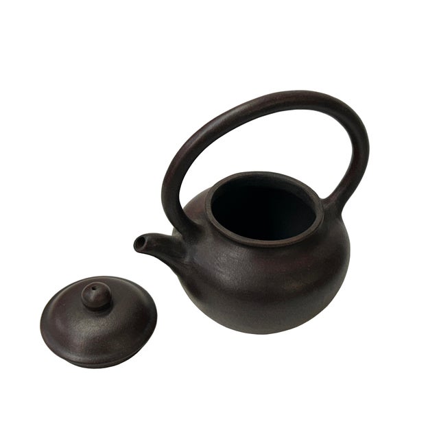Chinese Handmade Dark Brown Zisha Clay Arch Handle Display Teapot Art For Sale - Image 12 of 13