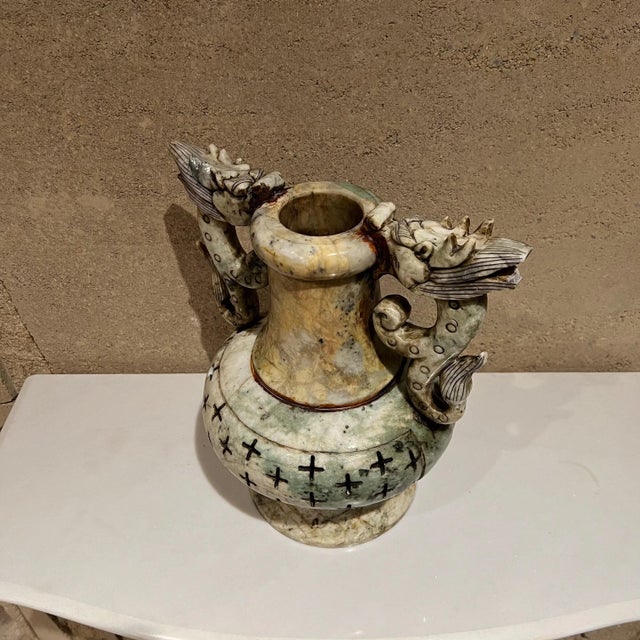 1950s Chinese Double Dragon Hand Carved Vase Alabaster Stone For Sale In San Diego - Image 6 of 12