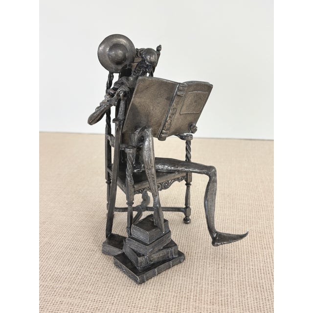 Metal Vintage Cast Pewter Etain Don Quixote Reading Sculpture Michel Laude / Lande For Sale - Image 7 of 9