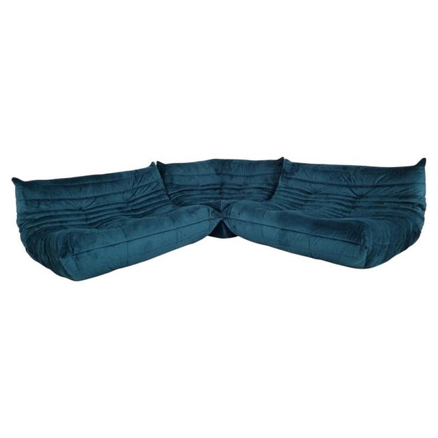 Togo Sofa and Lounge Chairs in Teal Green Velvet by Michel Ducaroy for Ligne Roset, Set of 3 For Sale - Image 6 of 7