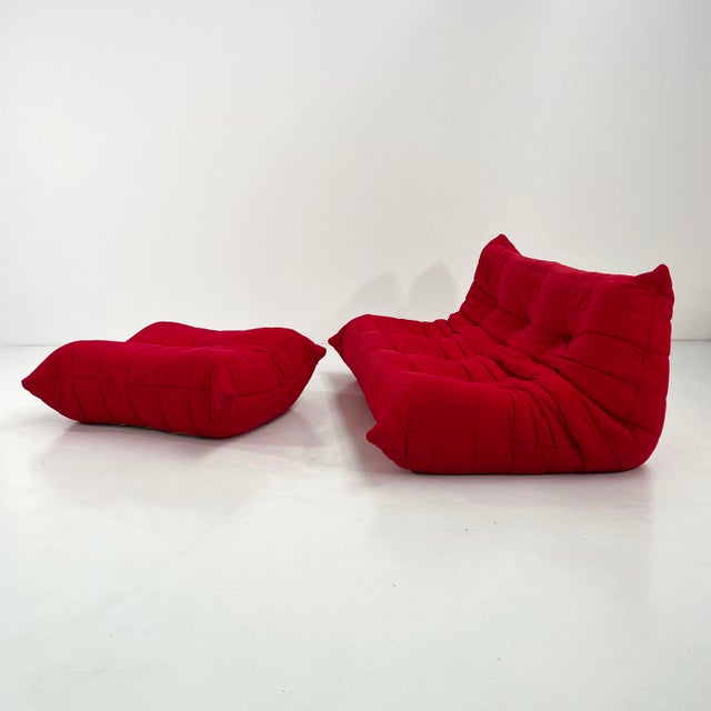 Set of Red 3-Seater Togo Sofa & Ottoman by Michel Ducaroy for Ligne Roset, 1970s For Sale - Image 6 of 17