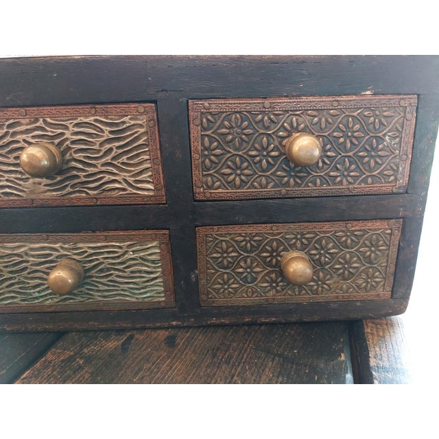 Vintage Elegant Indian 6-Drawer Stamped Metal & Wood Jewelry Trinket Chest For Sale - Image 12 of 13