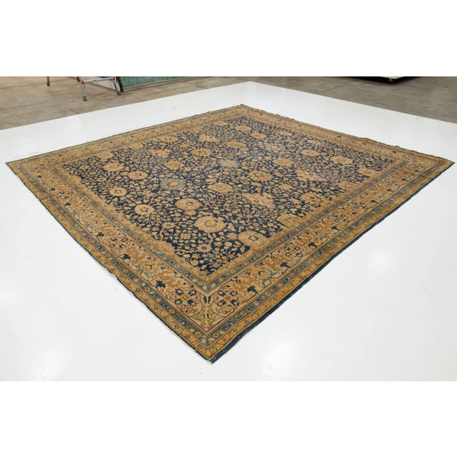 Late 19th Century Antique Persian Tabriz Square Wool Rug in Blue With Allover Floral Design For Sale - Image 5 of 10