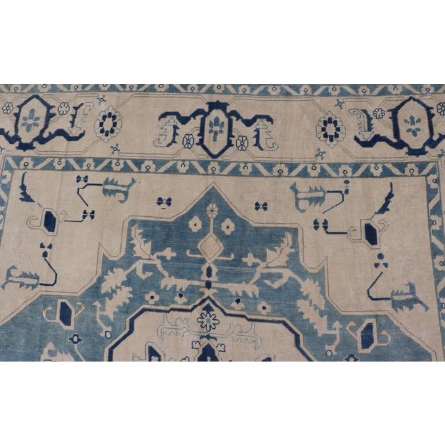 Vintage Turkish Oushak Rug With Dark and Light Blue in Medallion Design For Sale In Atlanta - Image 6 of 12