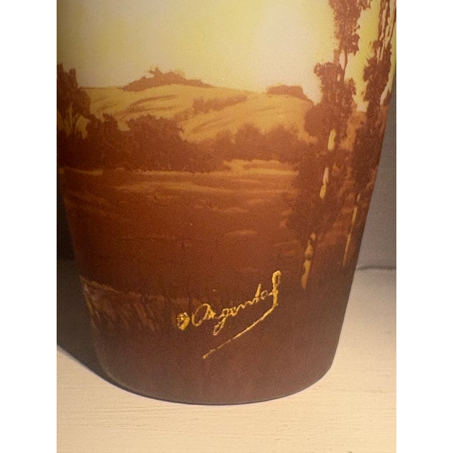 Beautiful D’Argental cameo landscape vase. Gold enameled applied signature which is common in authentic D’Argental pieces.