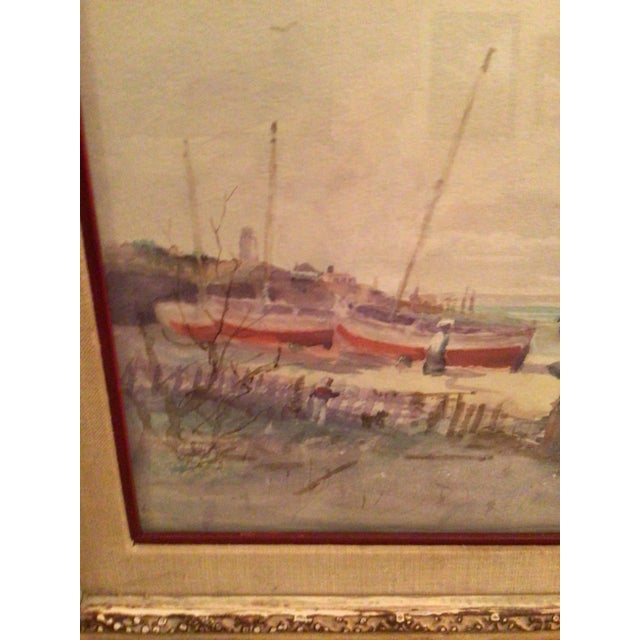 1980s 1980s "Red Boats" Impressionist Style Beach Scene Painting by Tom Perkinson, Framed For Sale - Image 5 of 11
