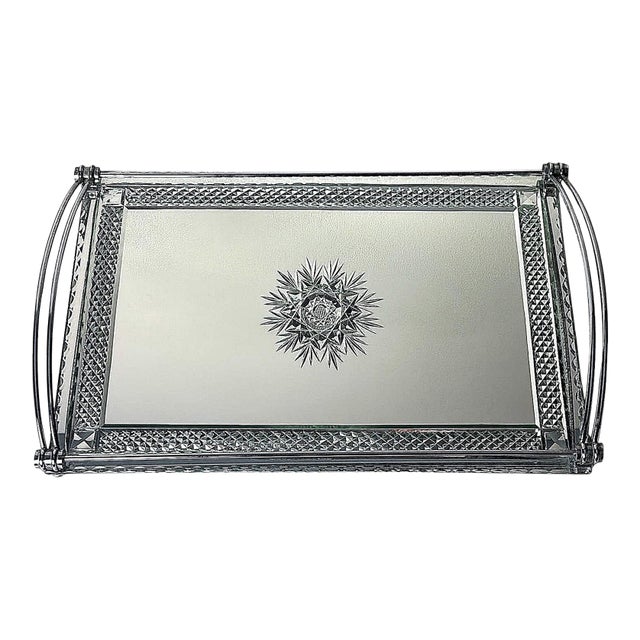 Art Deco French Nickel-Plated Metal Tray With Cut and Etched Mirror Surface For Sale
