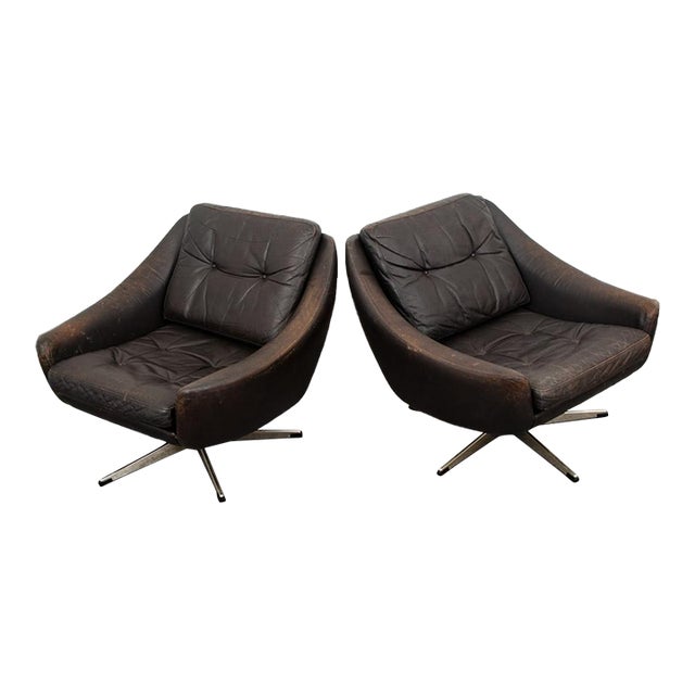 Mid Century Danish Modern Lounge Chairs Swivel Brown Leather Armchair Vintage For Sale