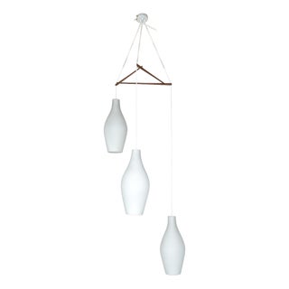 Mid-Century Scandinavian Three-Drop Cascade Opaline Cased Glass Bowling Pin Lights in Teak, 1960s For Sale
