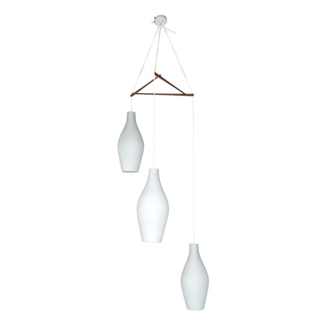 Mid-Century Scandinavian Three-Drop Cascade Opaline Cased Glass Bowling Pin Lights in Teak, 1960s For Sale