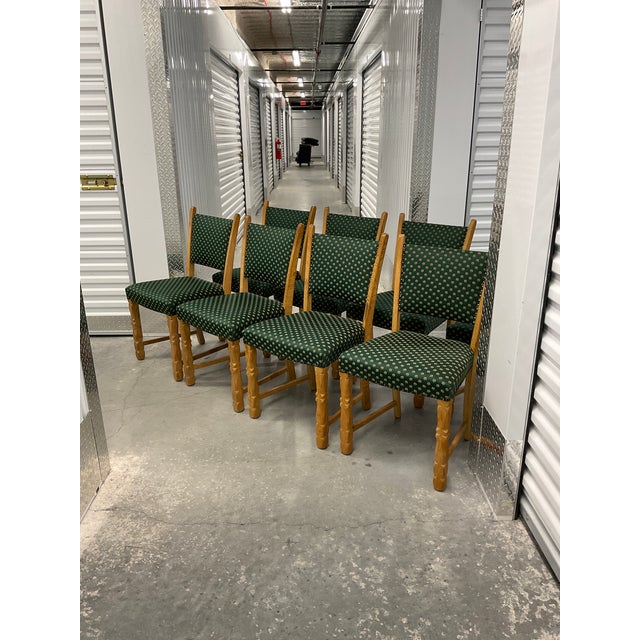 Set of 8 Danish Modern Oak Dining Chairs in Patterned Silk - Circa 1960s For Sale In Raleigh - Image 6 of 18