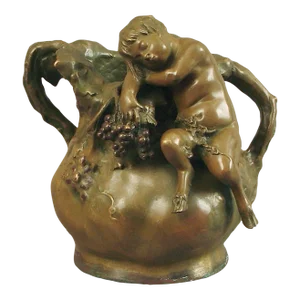 Vintage Ernest Sanglan's French Art Nouveau Bronze Vase Featuring a Young Satyr; Grapes Motif