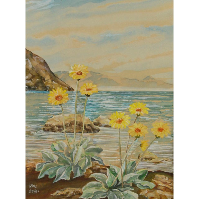 A beautiful impressionist watercolor painting of vibrant Lewisian flowers along the waterline with mountains in the...