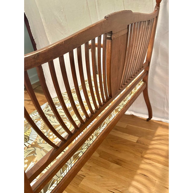 Art Nouveau Antique C. 1900 Edwardian Sheraton Revival Carved Wood Settee, Newly Upholstered For Sale - Image 3 of 12