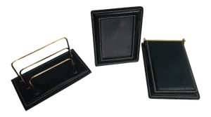 20th Century Art Deco Black Leather and Brass Desk Set, - 3 Pieces