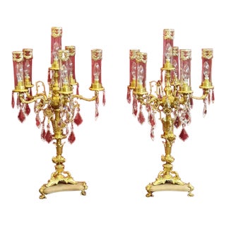 French Crystal Candelabra Lamp – Gold Leaf & Bronze Table Lighting With Hanging Crystals For Sale