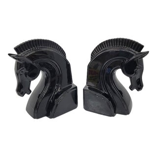 1960s Fitz and Floyd Art Deco Black Ceramic Horse Bookends- a Pair For Sale