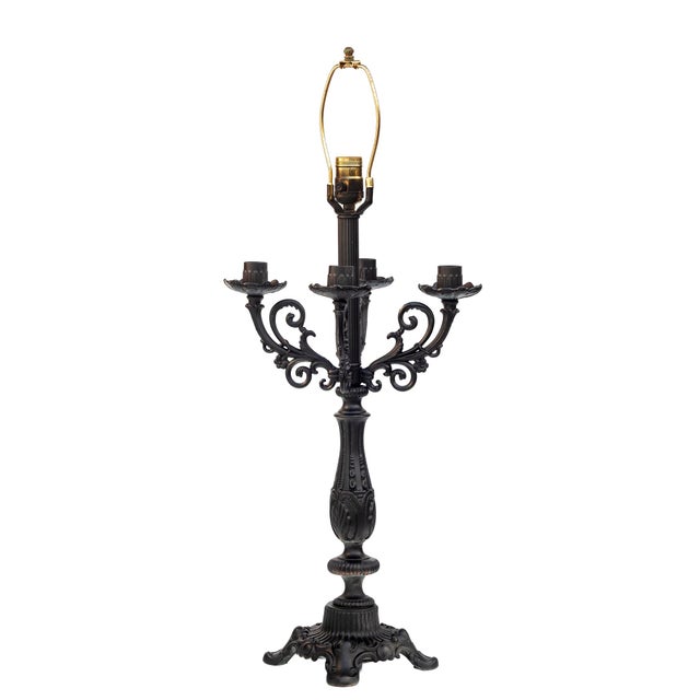 Metal Mid 20th Century Black Lacquered Metal Candelabras Table Lamp With Four Branches For Sale - Image 7 of 8