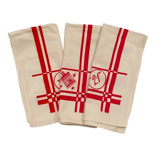 Vintage Set of 3 the "21" Club New York City Nyc Restaurant Cotton Napkins For Sale