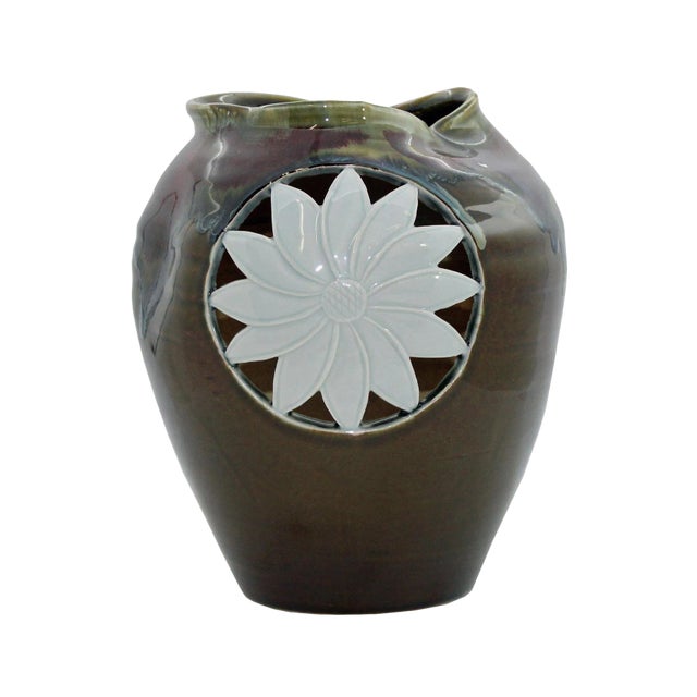 Modern Handmade Artistic Abstract Brown Red Gloss Grace Vase With Sun Flower Graphic For Sale