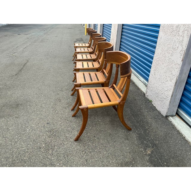 Mid-Century Modern Teak Klismos Patio Dining Chairs. - Set of 6 For Sale - Image 3 of 17