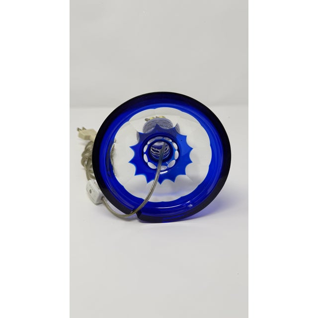 Metal Vintage Bohemian-Style Cobalt Blue Cut-to-Clear Glass Table Lamp For Sale - Image 7 of 8