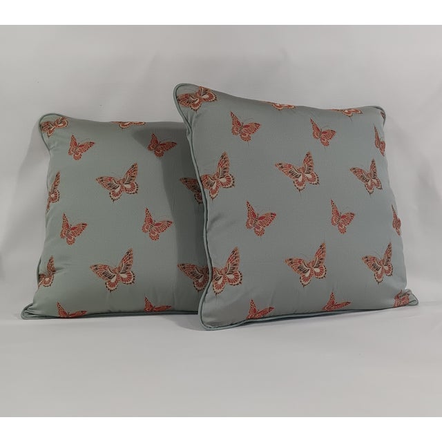 Simply stunning, simply embroidered cinnabar butterflies on a teal blue background 2 available @ 22" x 22" Sold...