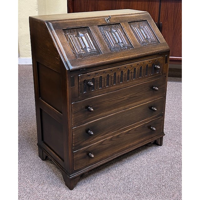 Vintage English Oak Drop Front Bureau / Desk c.1940 For Sale - Image 12 of 13