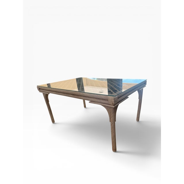 Vintage Coastal Regency Woven Rattan Dining Table With Glass Top For Sale - Image 4 of 6