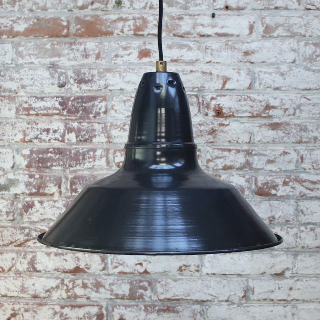 Vintage Industrial French Black Dark Blue Enamel Pendant Lamp For Sale - Image 4 of 5
