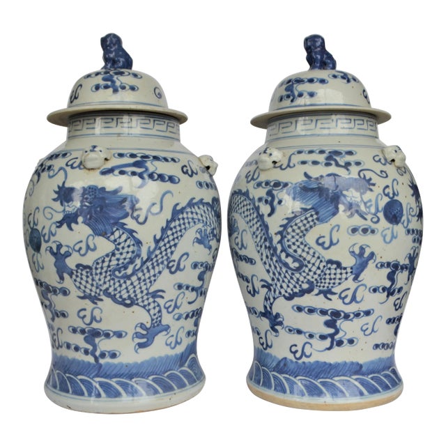 Chinoiserie White & Blue Dragon Baluster Ginger Jars - a Pair For Sale