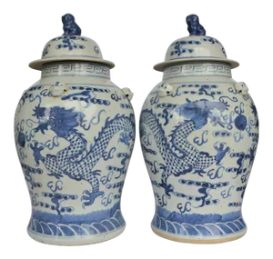 Chinoiserie White & Blue Dragon Baluster Ginger Jars - a Pair