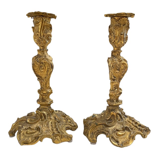 19th Century French Pair of Louis XV Bronze Candle Holders For Sale