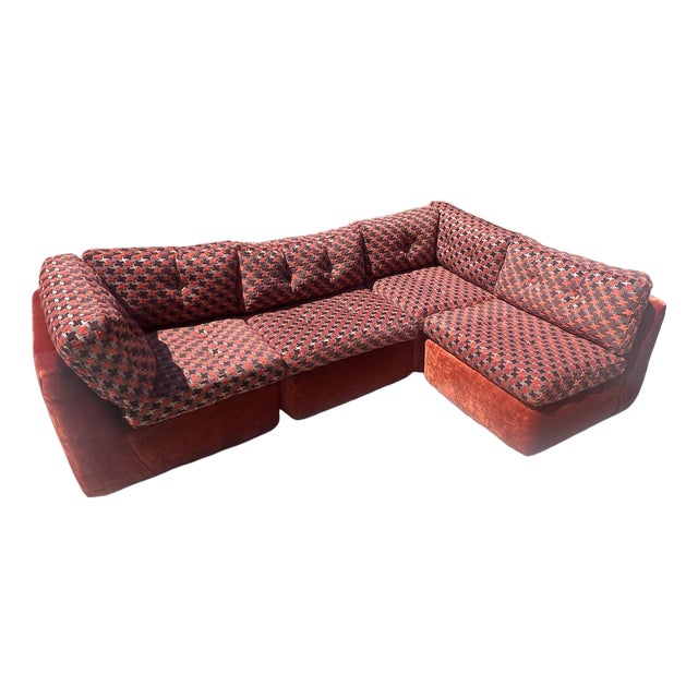 Vintage Mid Century Modern 1970s - 1980s 4 Piece Modular Orange Velvet Geometric Sofa Restored Postmodern 80s For Sale