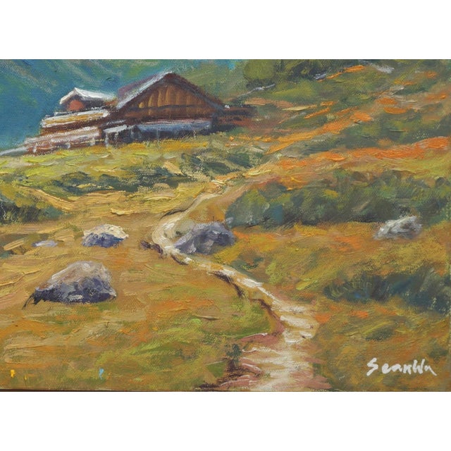 Original oil painting by Sean Wu, A house nestled among green trees on a hillside in the beautiful Alps.