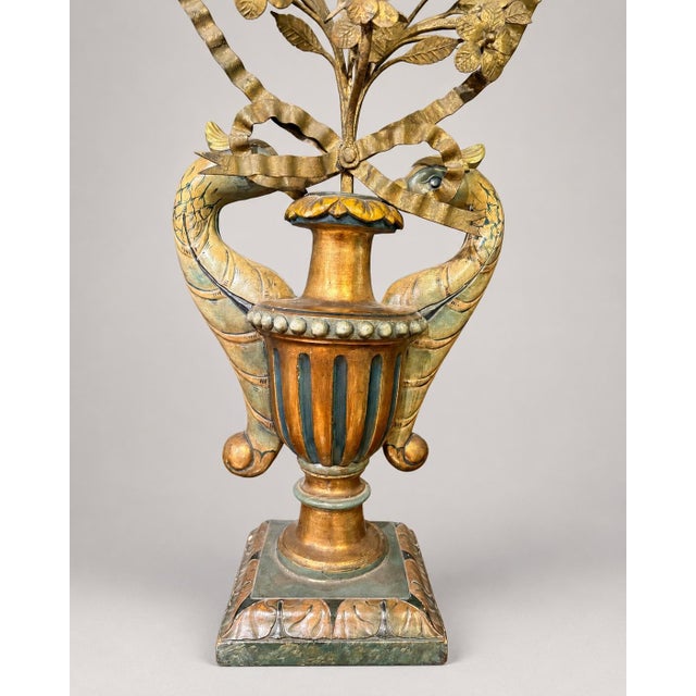 Monumental Italian Giltwood & Polychrome Dolphin and Floral Tole Candelabra For Sale - Image 4 of 9