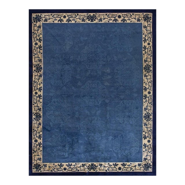 1930s Royal Blue Open Field in Floral Deco Antique Chinese Peking Room Size Rug For Sale