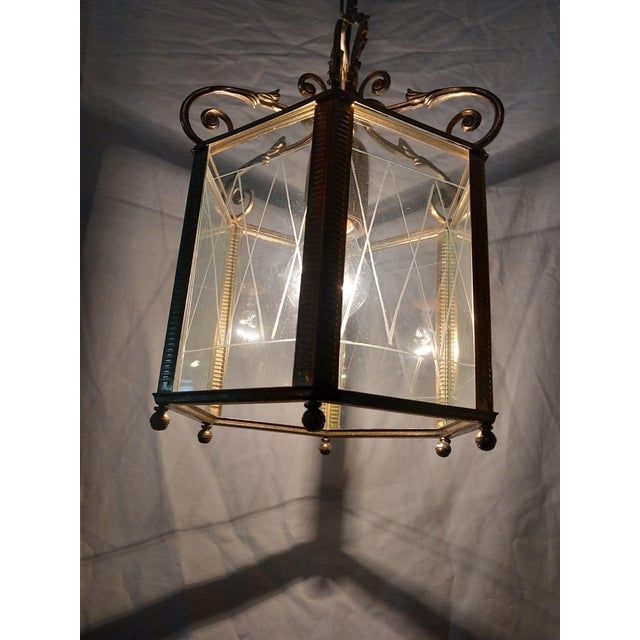 Brass and Cut Glass Hexagon Lantern Pendant Lamp, 1940s For Sale - Image 11 of 15