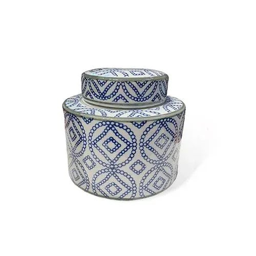 Asian Blue & White Circle Print Porcelain Jars- Set of 3 For Sale - Image 9 of 11