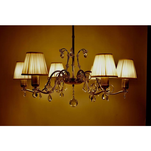 Brass 6-Arm Chandelier with Cream Silk Shades, Austria, 1940s For Sale - Image 11 of 14