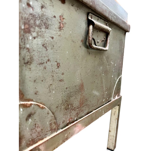 Early 20th Century Industrial Metal Trunk Chest on Stand With Patina Finish For Sale - Image 15 of 18