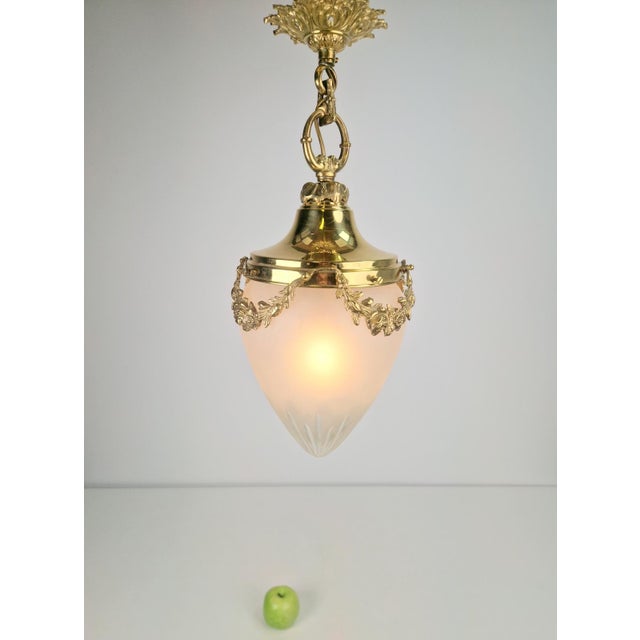 Vintage French Brass Ceiling Lamp with Sanded Glass Shade, 1950s For Sale - Image 4 of 13