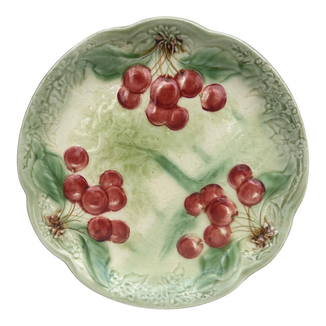 19th Century Majolica Cherries Plate Choisy Le Roi For Sale