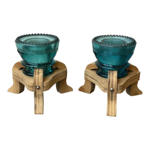 Vintage Make-Do Hemingray Glass Insulator Candleholders With Laminated Wood Bases, a Pair, Circa Mid 20th Century