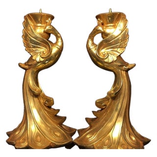 Pair of Antique Gilt Bronze Phoenix Candlesticks, 4.7kg For Sale