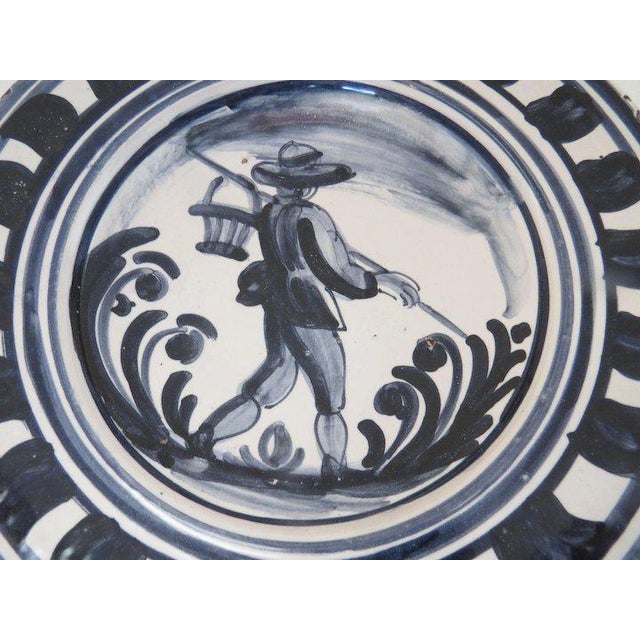 French Country Vintage Hand Painted Faience Plate Country Farmer Blue and White (A) For Sale - Image 3 of 8