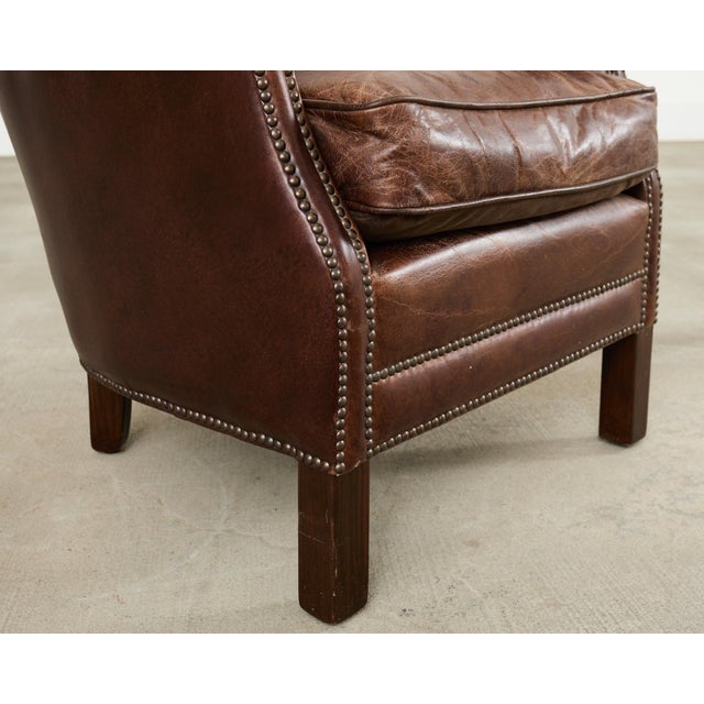 French Art Deco Style Cigar Leather Wing Back Club Chair For Sale In Sacramento - Image 6 of 17