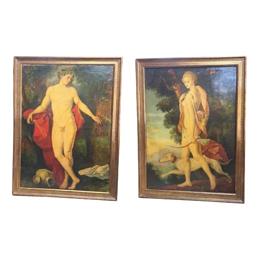 European School Artist, Bacchus and Diana, Oil on Canvases, Set of 2 For Sale