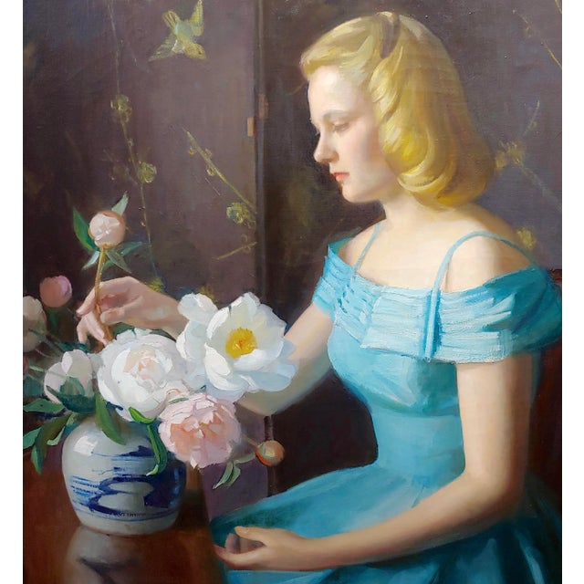 Marguerite Stuber Pearson -Woman in Blue Arranging Her White Roses-Oil Painting For Sale - Image 4 of 12