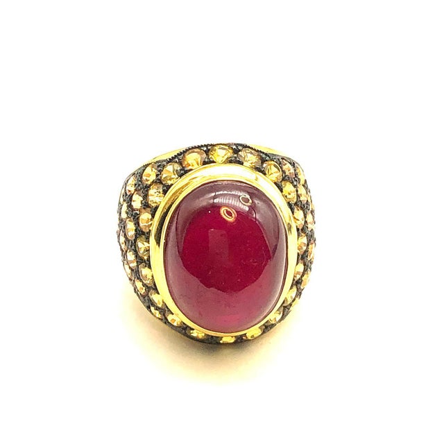 English Bochic "Orient" Yellow Sapphire & Ruby Cocktail Ring Set In 18K Gold & Silver For Sale - Image 3 of 12
